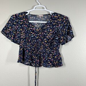 SO Top Womens M Navy Floral Smocked Peplum Short Sleeve Rayon Drawstring Blouse
